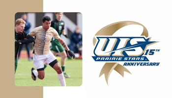 A photo of Adrian Adams playing soccer paired with logo for 15 Years of NCAA
