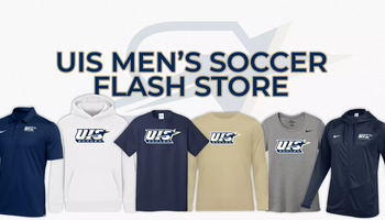 UIS Men's Soccer Team Flash Store graphic, photos of various gear in white, blue, and gold. 