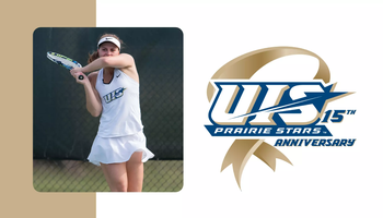 15 Years of NCAA DII logo paired with a photo of Jane Carter playing tennis