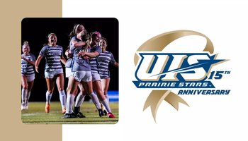 The 2022 UIS women's soccer team celebrating a goal, paired with UIS Athletics 15 Years of NCAA DII Anniversary logo