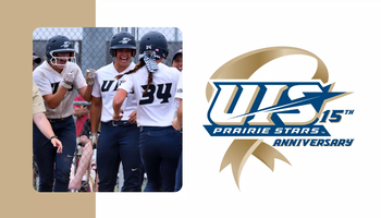 UIS softball celebration photo and 15 year anniversary of NCAA DII membership logo