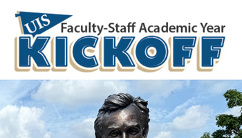 Statue of Abraham Lincoln wearing a T-shirt that says Welcome to the Prairie with the Academic Year Kickoff logo above.