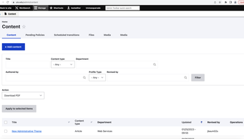 Content management system interface with search filters and a table of results.