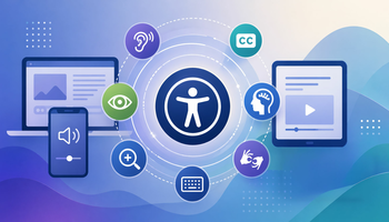 Accessibility icons surrounding a central figure, on a blue gradient background.
