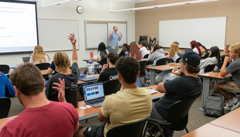 Students in a classroom, some raising hands as a teacher lectures from the front.