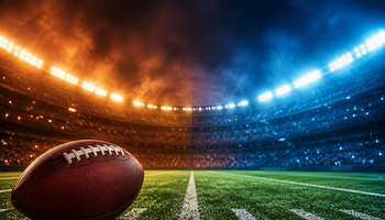 Football on a field, stadium lit in orange and blue lights.