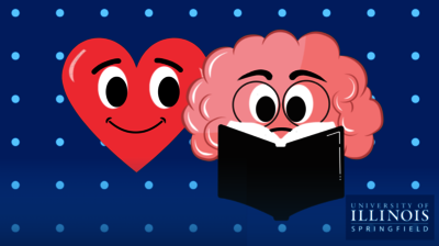 Heart and brain graphic with happy faces reading a book.