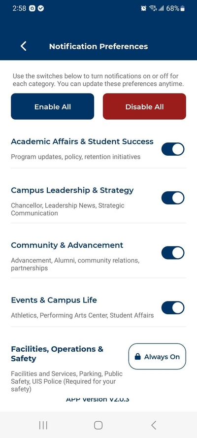Notification settings menu with toggle switches for various categories.