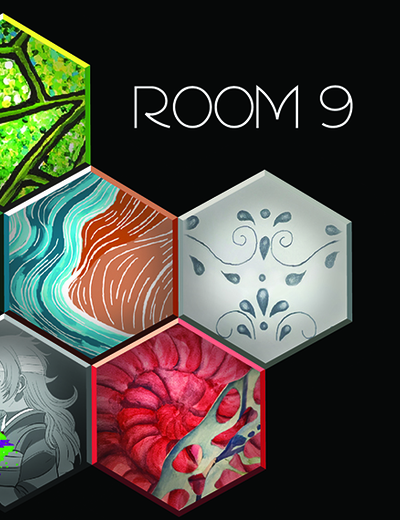 Nine hexagons featuring different images are stacked in three rows. Two in the top row, four in the middle row and three in the bottom row. The text “Room 9” is off to the right of the hexagons. 