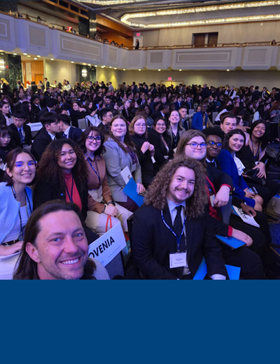 UIS students and faculty pose together at the 2025 Model United Nations Conference in New York City.