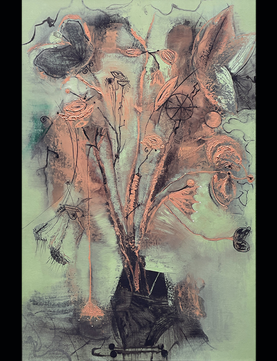 An abstract floral arrangement with mixed media; muted green background, copper accents, and intricate linework creating a whimsical effect.