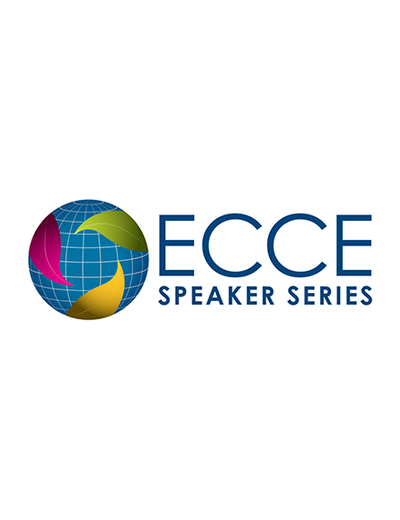 Blue globe with colorful leaves and grid lines on the left, next to bold blue text "ECCE Speaker Series" on a white background.