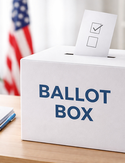 Ballot box on table with envelope, American flag in background.