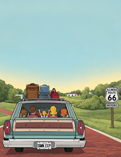 Station wagon with passengers on Route 66, luggage on roof, green landscape.