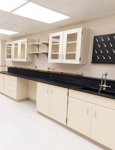Empty laboratory with beige cabinets and black countertops.