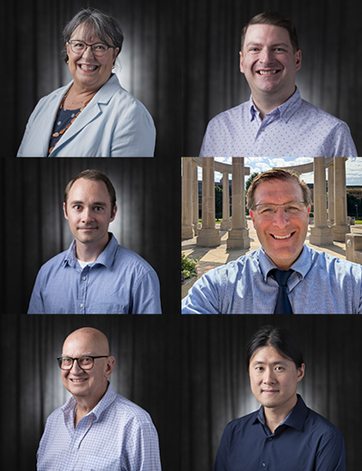 Six people in formal attire, five indoors and one outdoors.