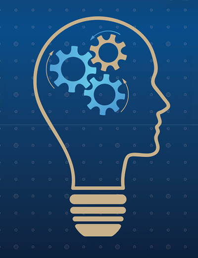 Light bulb with human head silhouette and gears inside.
