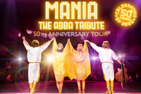 ABBA members taking a bow under the text "Mania The ABBA Tribute"