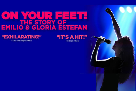 Gloria Estefan performer singing next to logo for musical