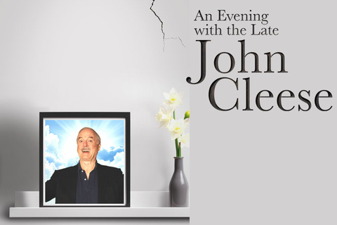 a frame showing John Cleese next to some flowers and the text "An Evening with the Late John Cleese"