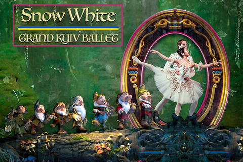 Ballet versions of Snow White and Prince Charming dancing next to the seven dwarves