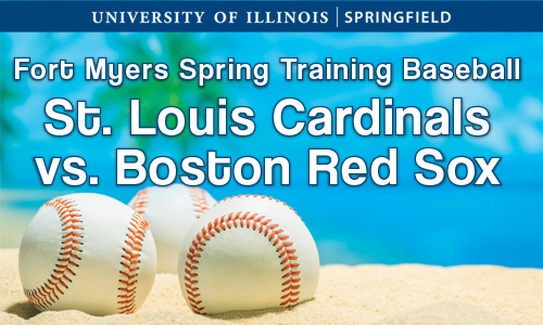 University of Illinois Springfield. Fort Myers Spring Training Baseball the St. Louis Cardinals vs. Boston Red Sox. 3 baseballs resting on sand with an island backdrop.