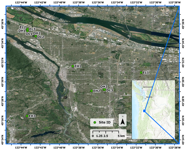 Street-Scale Urban Air Temperatures Prediction Study site locations in Portland, Oregon, USA