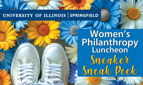 yellow, white and blue daisies with white sneakers and the UIS logo with Sneaker Sneak Peek
