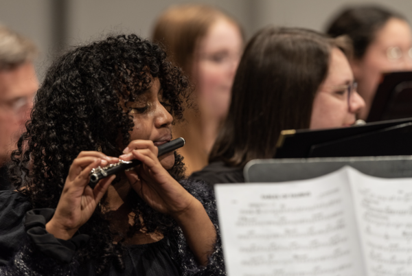Musicians playing instruments in an orchestra setting.