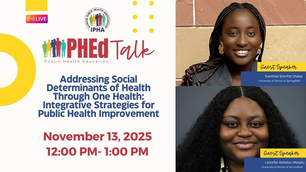 PHed Talk logo with two smiling women, Addressing Social Determinants of Health Through One Health.