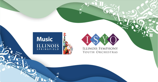 Music Illinois and ISYO logos on a musical notes background.