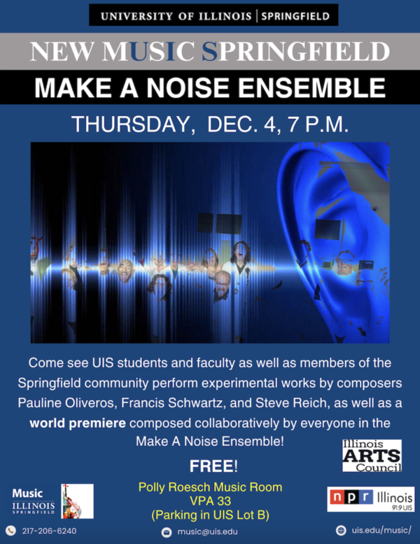 Event poster with blue sound waves and concert details.