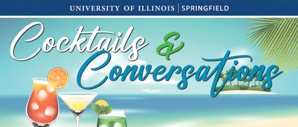 Tropical beach with cocktails and a “Cocktails & Conversations” logo.