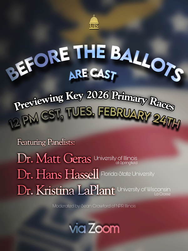 Event poster with text about a panel on primary races featuring three professors of political science