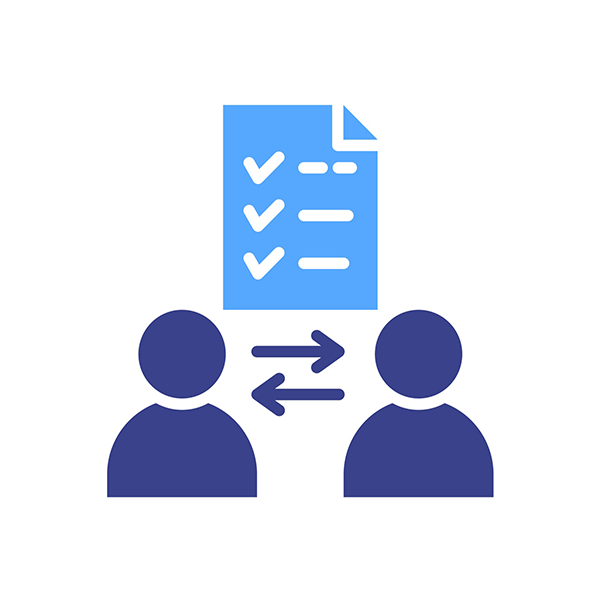 Two figures exchanging information beneath a document.