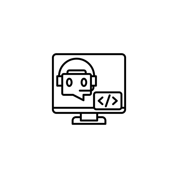 Computer graphic with chatbot and code symbol.