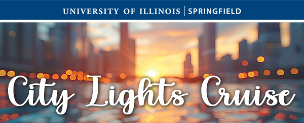 Sunset skyline of Chicago with "City Lights Cruise" text and UIS logo