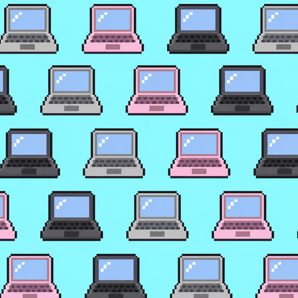 a pattern of pixelated laptops in varying colors