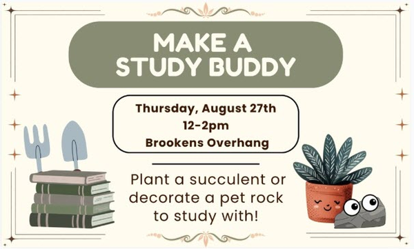 Make a Study Buddy event flyer with succulents and a pet rock illustration.