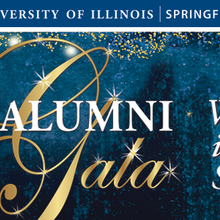 Blue background with white and gold stars and the UIS logo, Alumni Gala logo and Written in the Stars