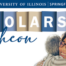 two people hugging with the UIS and Scholarship Luncheon 2025 logos