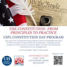 Constitution Day Program graphic with flag and quill pen