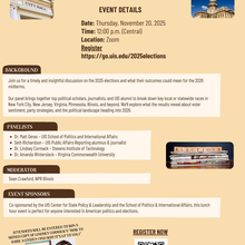 Event flyer with details for a discussion on 2025 elections
