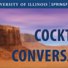 Desert landscape with text: Cocktails & Conversations.