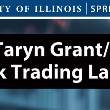 University of Illinois Springfield logo, text reads "Landmark Trading Lab Ribbon Cutting."