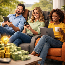 Three people smiling, using devices on a couch, with warm lighting and a window view.