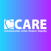 CARE logo with a heart icon, on blue to purple gradient background.