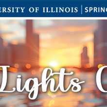 Sunset skyline of Chicago with "City Lights Cruise" text and UIS logo