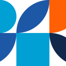 Colorful abstract shapes in red, blue, and navy forming a pattern.