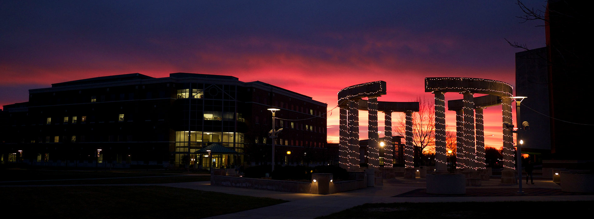 holiday shot of colonnade lit up